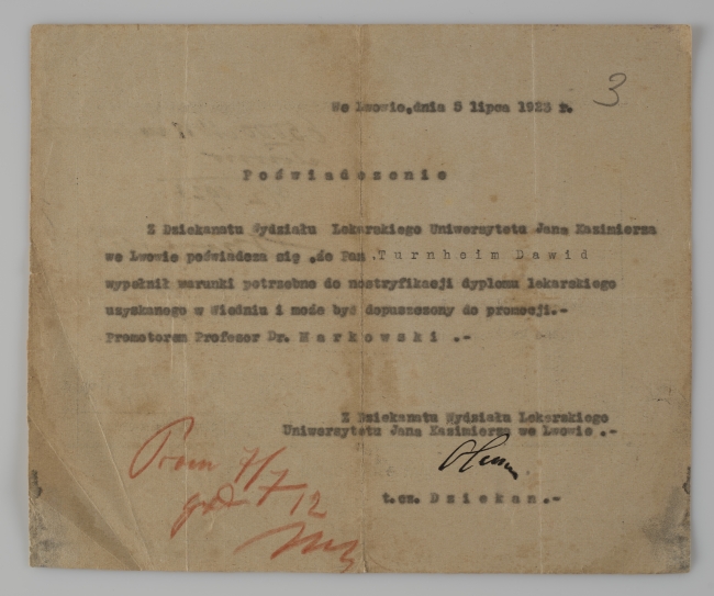 Poświadczenie z dziekanatu wystawione dla Dawida Turnheima