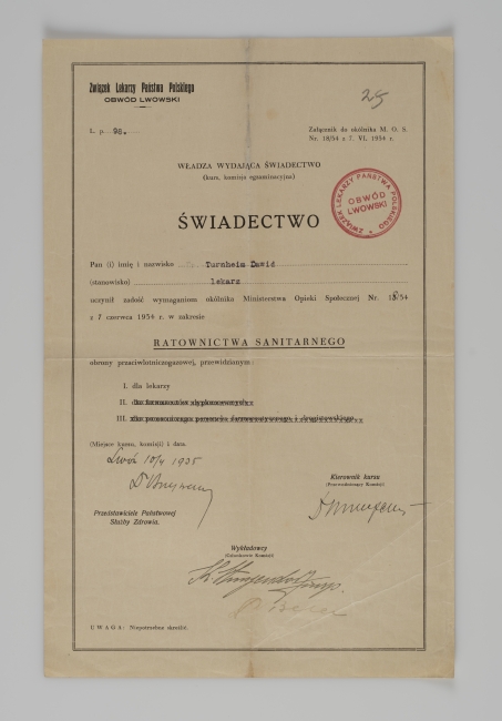 Świadectwo ratownictwa sanitarnego Dawida Turnheima