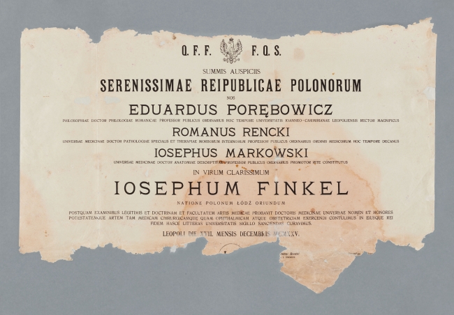 kopie dyplomu doktora medycyny przyznane Józefowi Finklowi