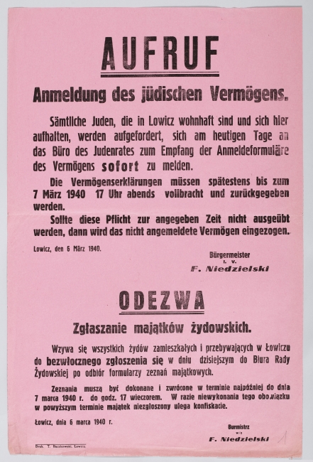 Odezwa burmistrza Łowicza wzywająca ludność żydowską do zgłoszenia się po odbiór formularzy zeznań majątkowych