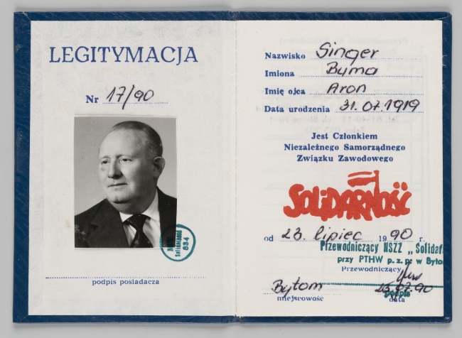Legitymacja członkowska Niezależnego Samorządnego Związku Zawodowego „Solidarność” wystawiona na nazwisko Bumy Singera