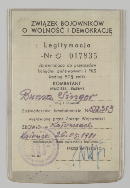 Legitymacja członkowska Związku Bojowników o Wolność i Demokrację wystawiona na nazwisko Bumy Singera